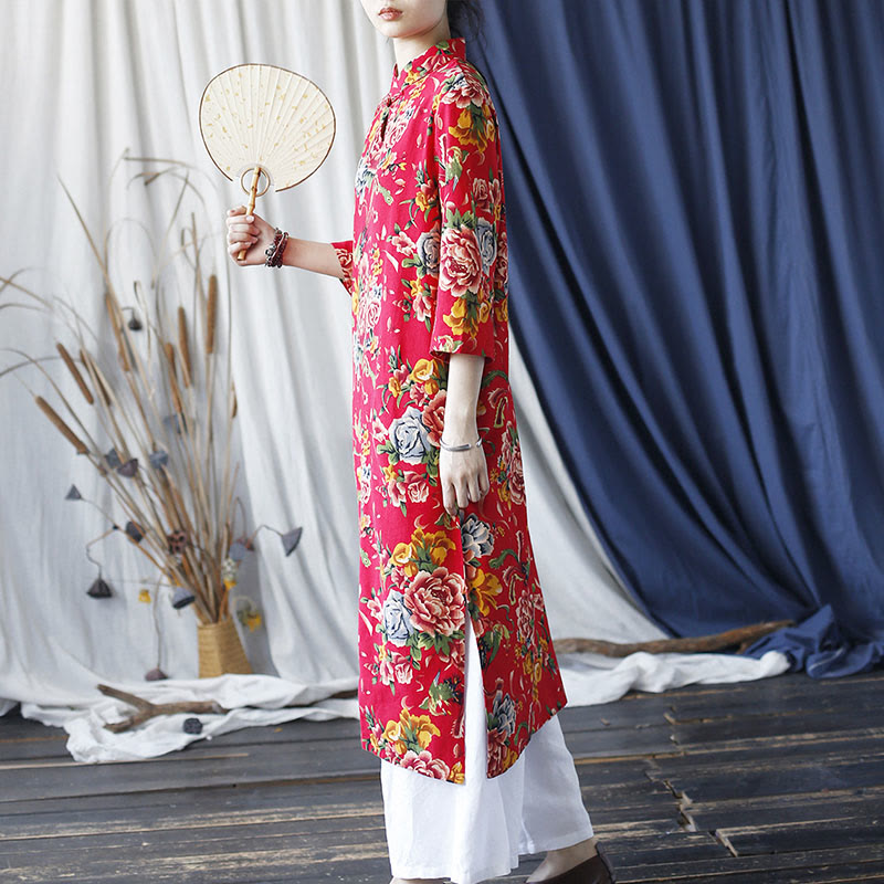 Buddha Stones Red Blue Peony Midi Dress Half Sleeve Cotton Linen Dress Wide Leg Pants With Pockets