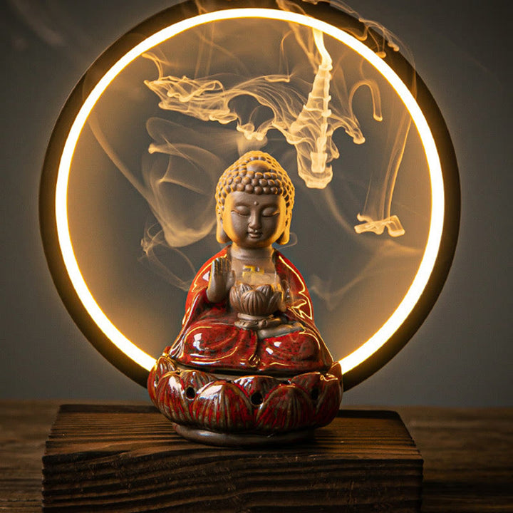 Buddha Stones Buddha Lotus Backflow Smoke Fountain Ceramic Blessing Incense Burner With Light Decoration - Red Buddha - image 0