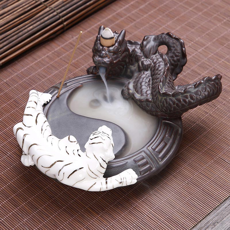 Tiger Dragon Backflow Smoke Fountain Ceramic Yin Yang Blessing Incense Burner Decoration - image 2
