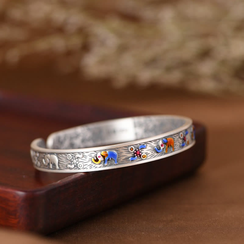 Buddha Stones 999 Sterling Silver Elephant Strength Wisdom Bracelet Cuff Bangle - image 4