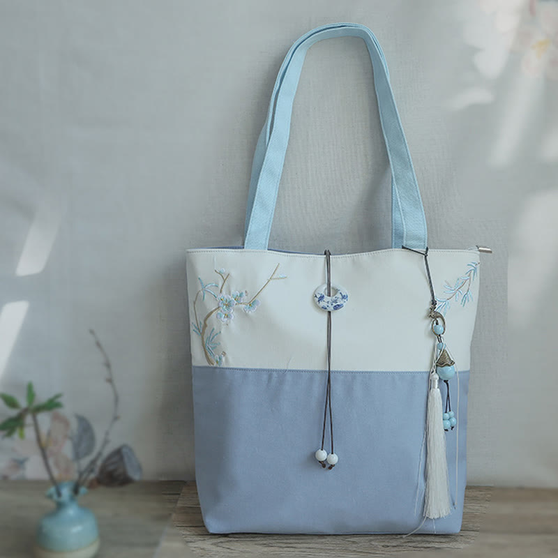 Pear Flower Plum Peach Blossom Bamboo Embroidery Canvas Large Capacity Shoulder Bag Tote Bag - image 16
