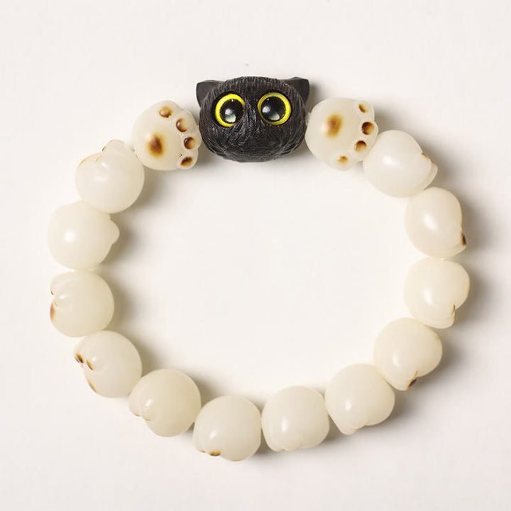 Buddha Stones Natural Bodhi Seed Lovely Paw Ebony Wood Lucky Cat Wisdom Bracelet - White Bodhi Seed - Simple Version(Wrist Circumference 14-15cm) - image 17