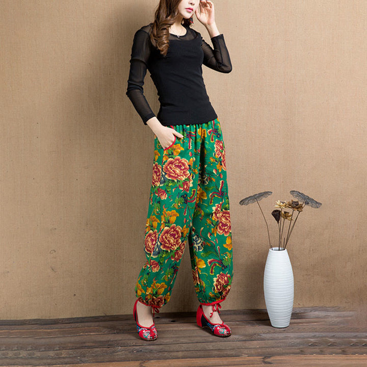 Buddha Stones Ethnic Style Red Green Flowers Print Harem Pants With Pockets