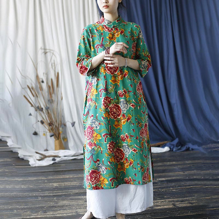 Buddha Stones Red Blue Peony Midi Dress Half Sleeve Cotton Linen Dress Wide Leg Pants With Pockets