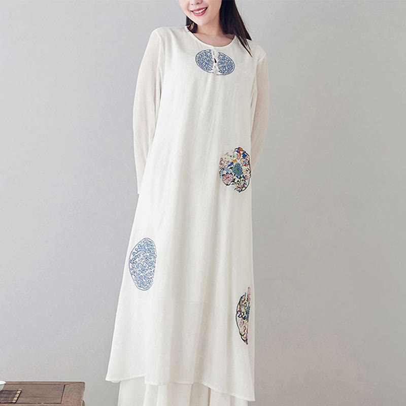 Buddha Stones Embroidery Long Sleeve Midi Dress Meditation Spiritual Zen Practice