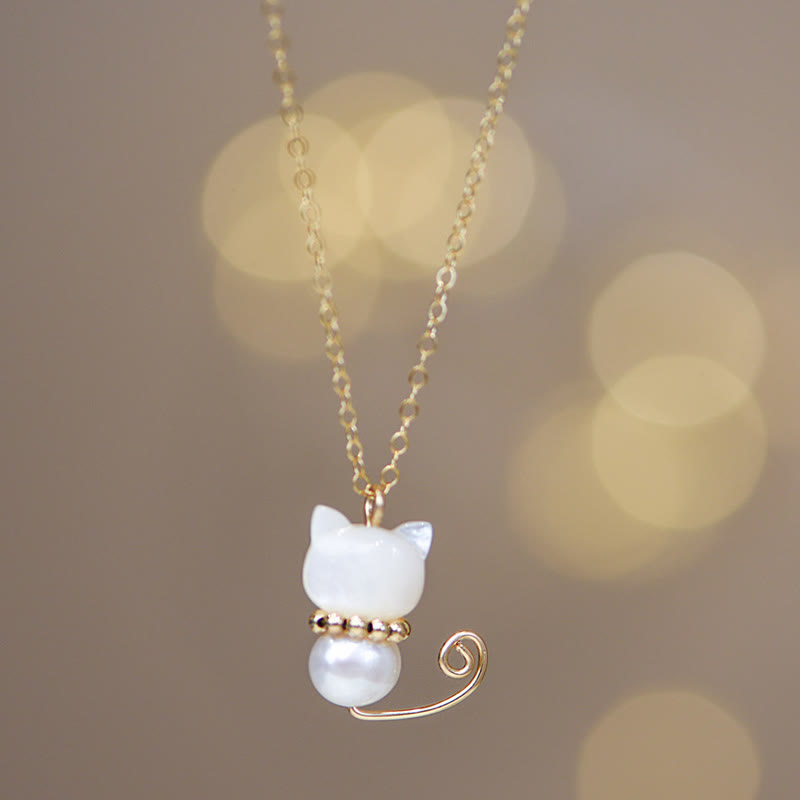 Buddha Stones 14K Gold Plated Pearl Hetian Jade Shell Luck Cat Kitten Necklace Pendant - Normal 14K Gold Plated - Pearl - image 2