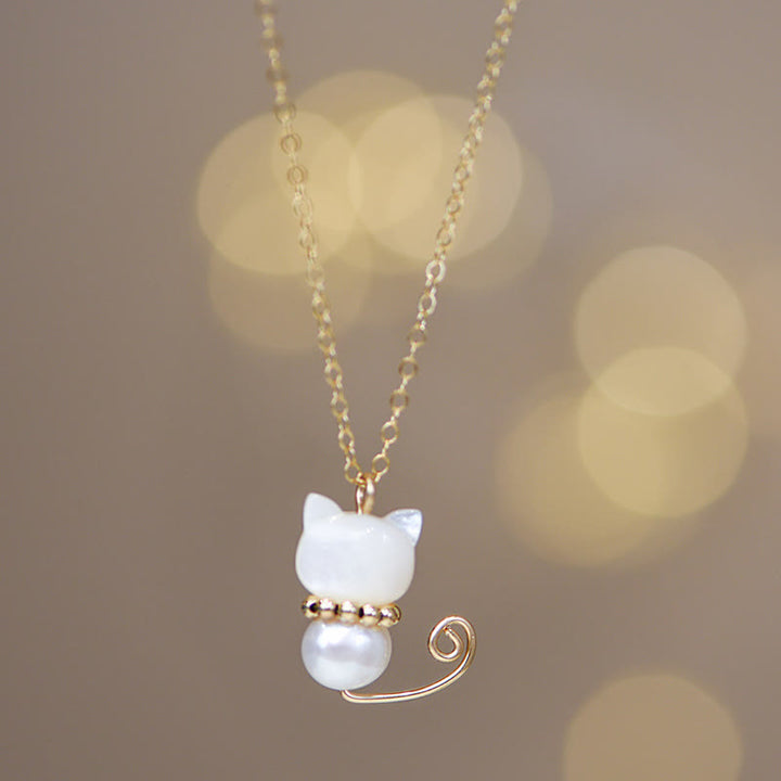 Buddha Stones 14K Gold Plated Pearl Hetian Jade Shell Luck Cat Kitten Necklace Pendant - Normal 14K Gold Plated - Pearl - image 2