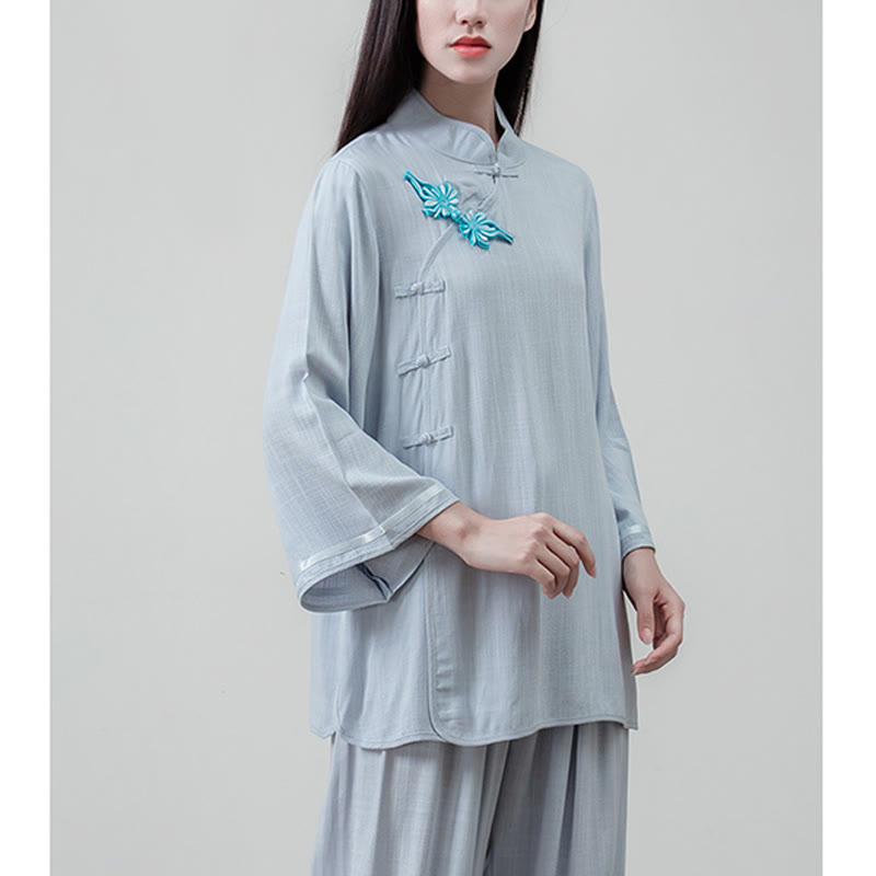 Buddha Stones 2Pcs Tang Suit Frog-Button Shirt Top Pants Meditation Tai Chi Cotton Linen Women's Set