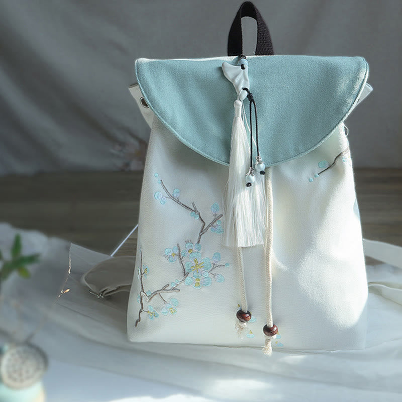 Buddha Stones Handmade Embroidered Large Capacity Canvas Backpack - Blue Plum Blossom - image 13