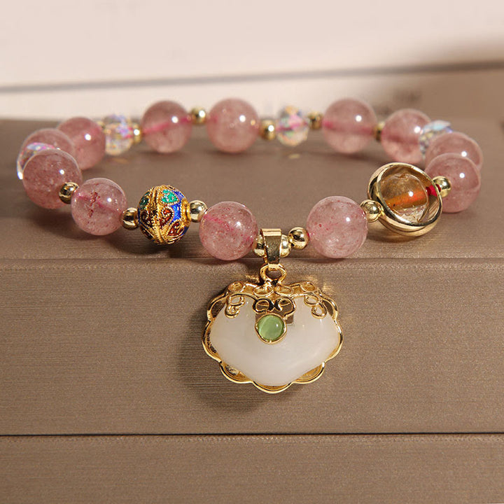 Buddha Stones Strawberry Quartz Green Crystal Amethyst Healing Chinese Lock Charm Bracelet