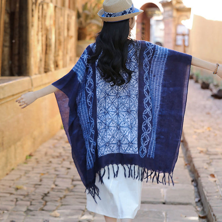 Buddha Stones Blue Stripe Geometry Indigo Dyeing Shawl Tassels Travel Pullover 90*95cm