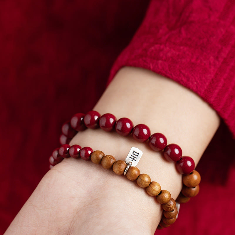 Buddha Stones 925 Sterling Silver Peach Wood Cinnabar Ward Off Evil Spirits Bracelet - image 3