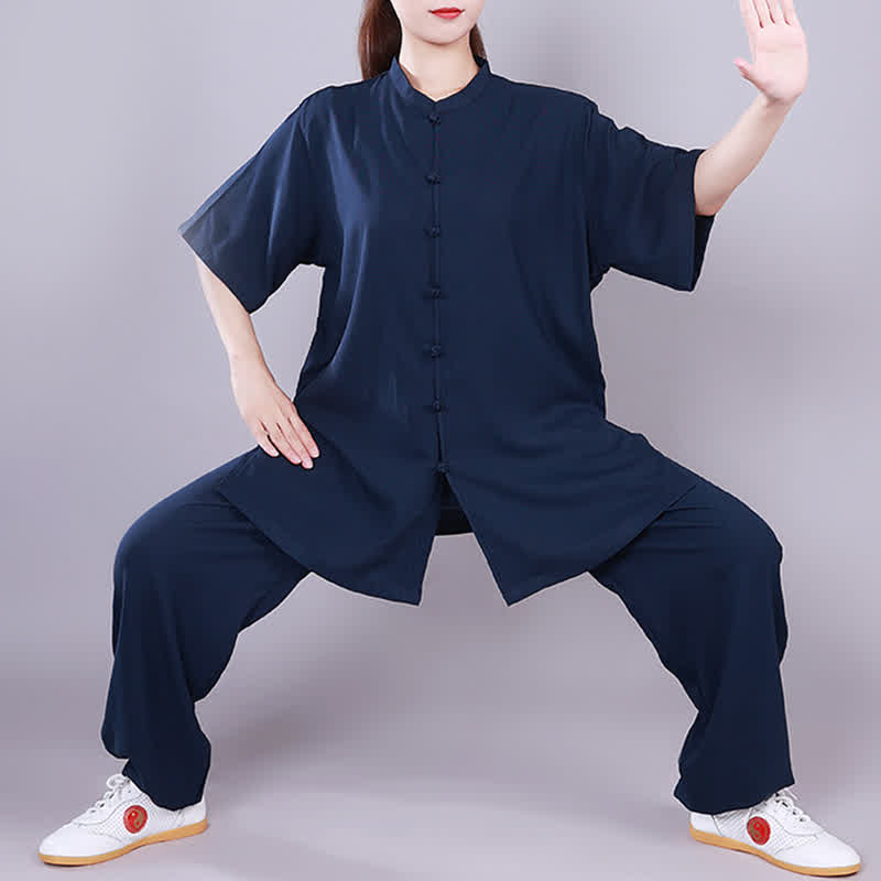 Tai Chi Qigong Meditation Prayer Spiritual Zen Practice Unisex Cotton Linen Clothing Set - Navy Blue - Short Sleeve - US14，UK/AU18，EU46 (3XL)  - image 20