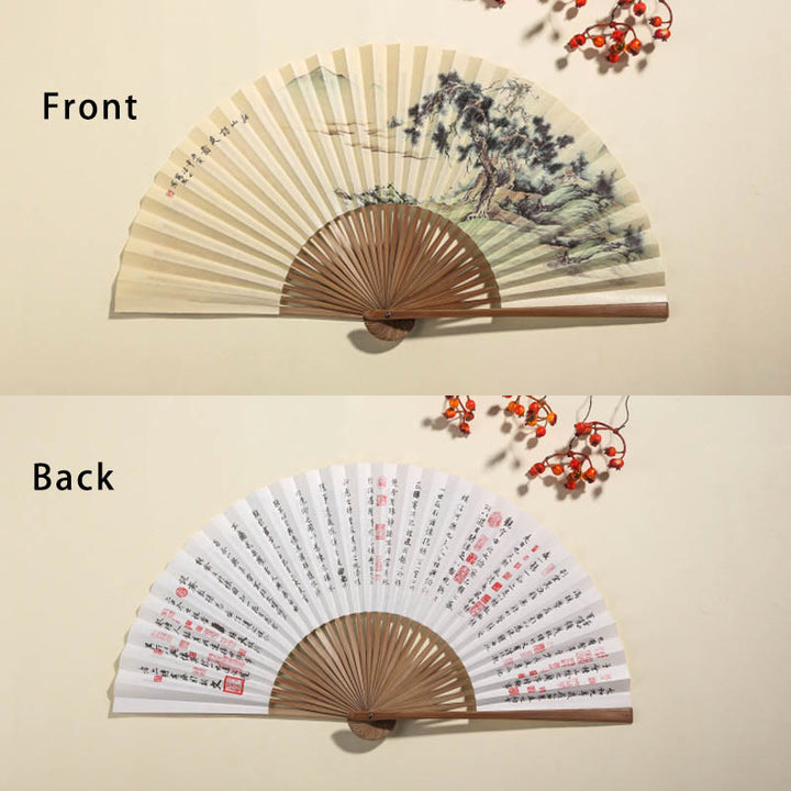 Buddha Stones Pine Tree Garden Peony Handheld Paper Bamboo Folding Fan 26cm