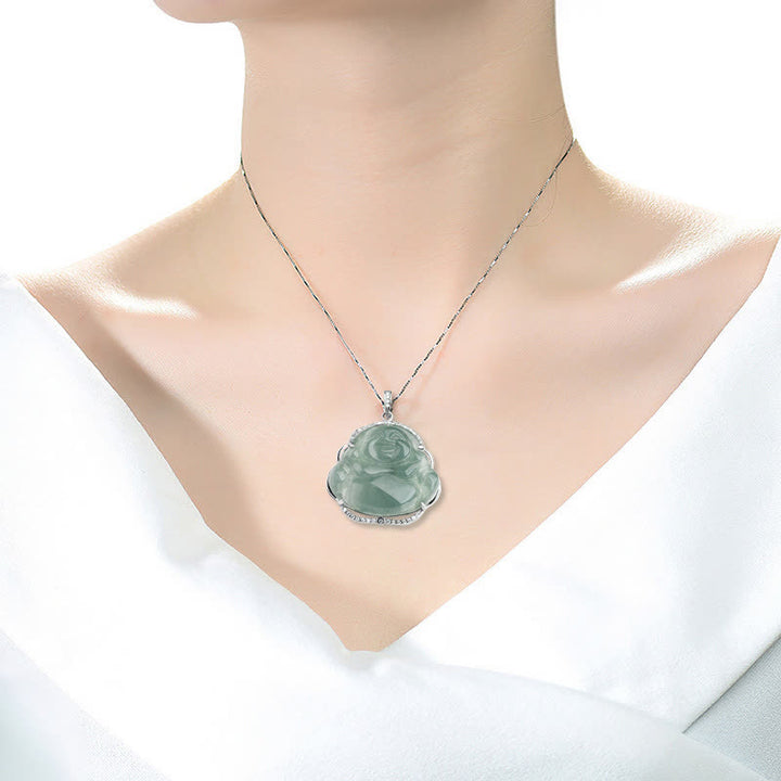 Buddha Stones 925 Sterling Silver Laughing Buddha Natural Jade Luck Necklace Chain Pendant - image 3