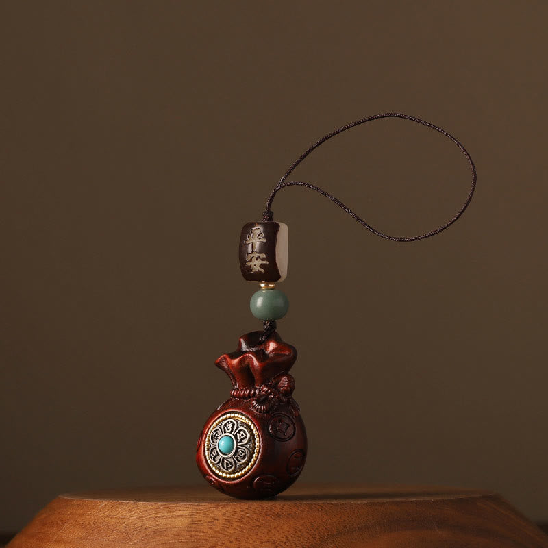 Buddha Stones Small Leaf Red Sandalwood Green Sandalwood Money Bag Om Mani Padme Hum Rotatable Protection Keychain Phone Hanging Decoration - Small Leaf Red Sandalwood(Keep away evil spirits♥Protection) - Phone Hanging Decoration - image 5
