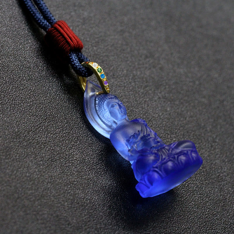 Buddha Stones Blue Tathagata Buddha Medicine Buddha Liuli Crystal Serenity Amulet Necklace Pendant