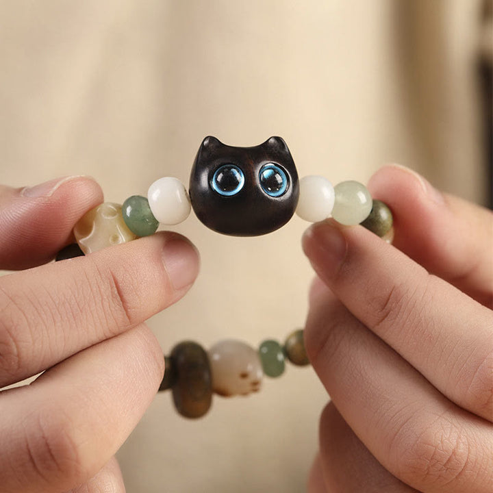 Buddha Stones Bodhi Seed Green Sandalwood Ebony Wood Small Leaf Red Sandalwood Cat Head Paw Claw Peace Bracelet - image 4