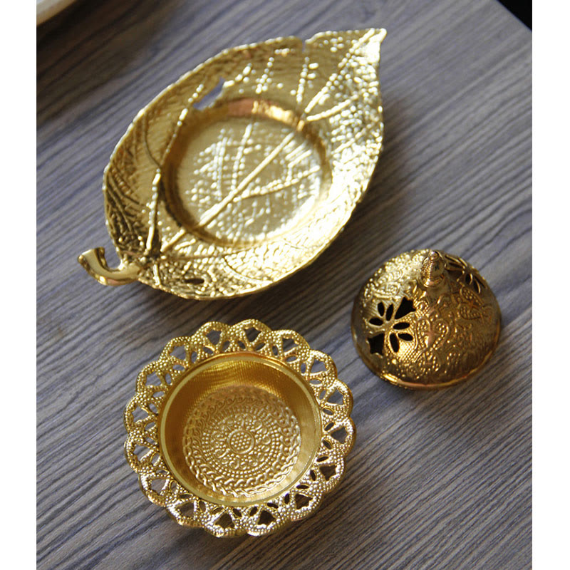 Tibetan Gold Mini Leaf Coaster Meditation Incense Burner - image 6