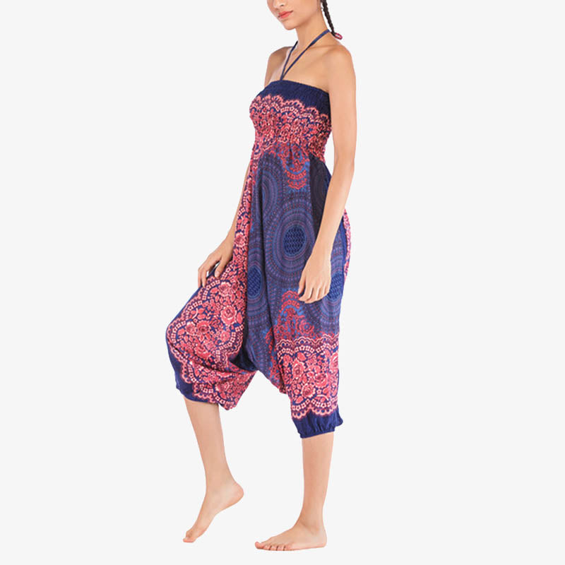 Buddha Stones Two Style Wear Round Geometric Pattern Loose Smocked Harem Trousers Jumpsuit High Waist Women's Yoga Pants