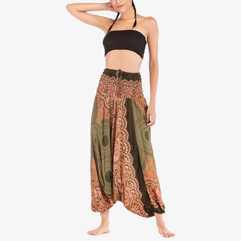 Buddha Stones Two Style Wear Round Geometric Pattern Loose Smocked Harem Trousers Jumpsuit High Waist Women's Yoga Pants