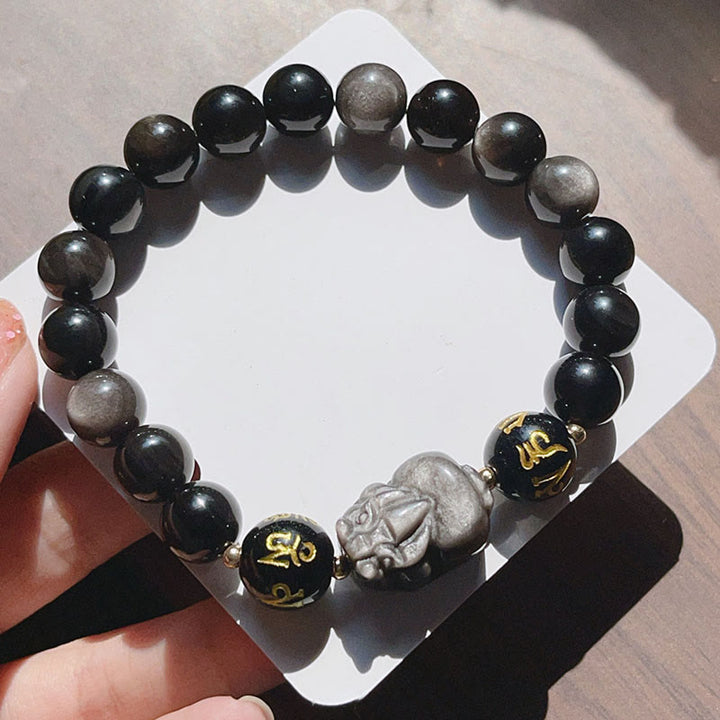 Buddha Stones Natural Silver Sheen Obsidian Black Obsidian Om Mani Padme Hum Pixiu Protection Bracelet