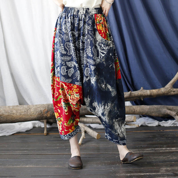 Buddha Stones Blue Red Peony Flowers Patchwork Cotton Linen Harem Pants With Pockets