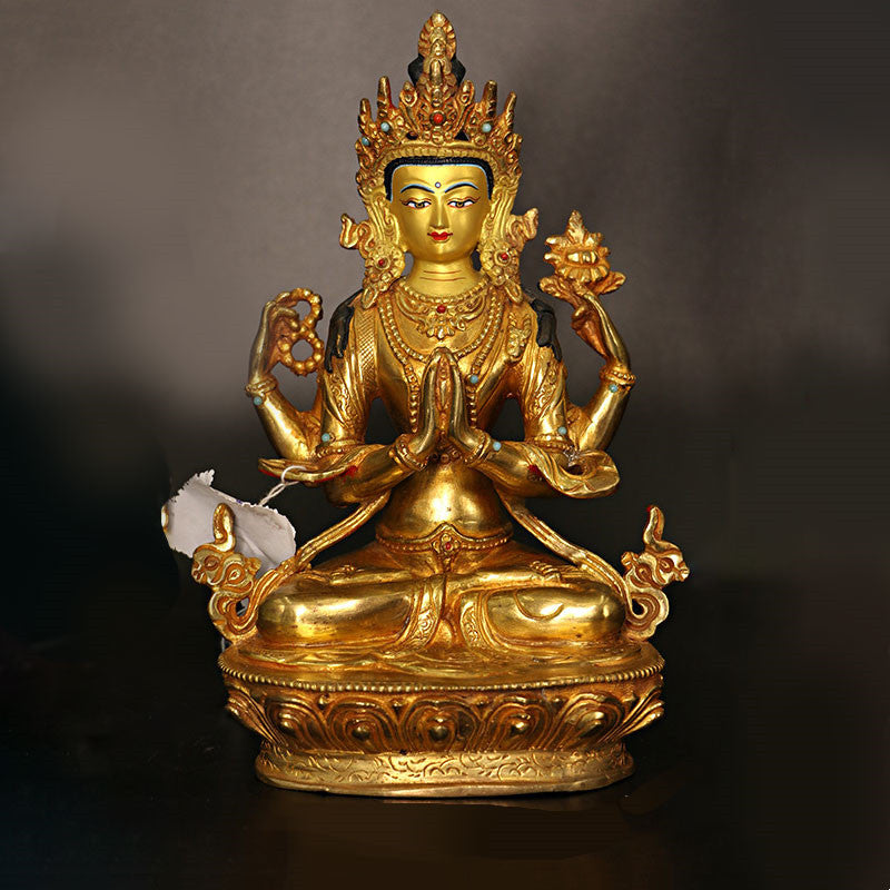 Bodhisattva Tara Chenrezig Four-armed Avalokitesvara Protection Copper Gold Plated Statue Decoration - image 5
