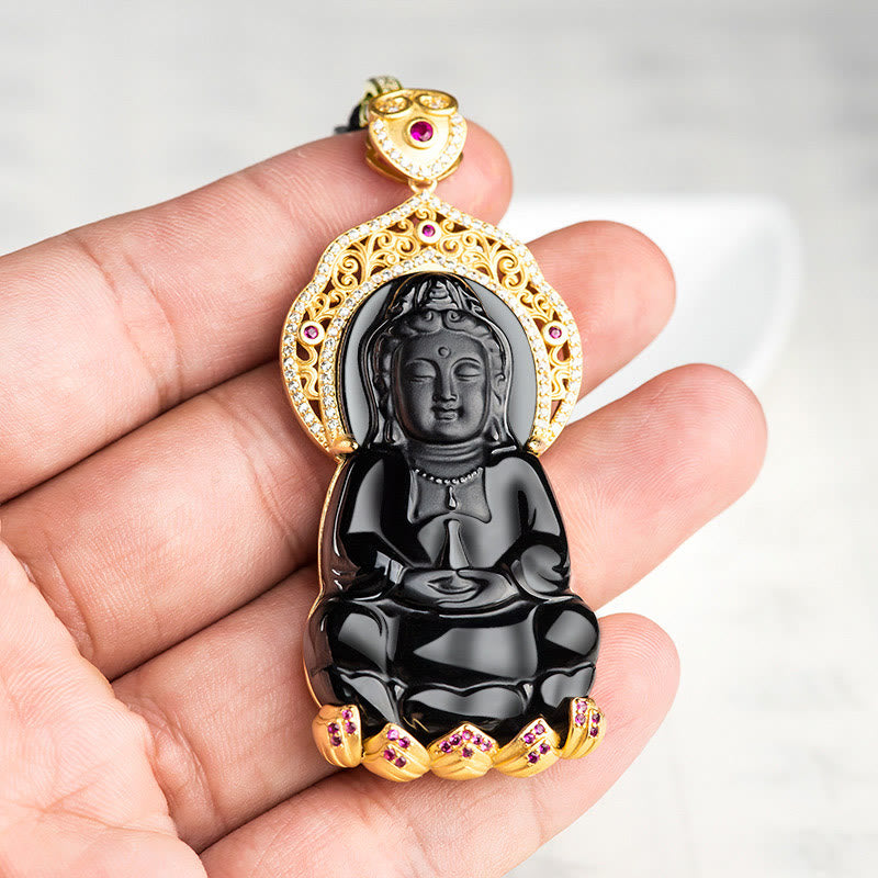Buddha Stones Natural Black Jade Kwan Yin Avalokitesvara Wealth Titanium Steel Chain Necklace Pendant - image 2