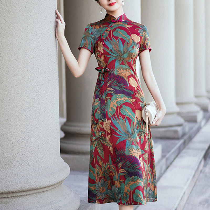 Buddha Stones Silk Qipao Dress Retro Flower Leaf Pattern Women's Cheongsam Dress