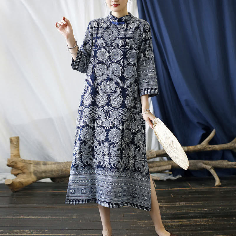 Buddha Stones Blue White Flower Frog-button Midi Dress Three Quarter Sleeve Linen Batik Dress With Pockets