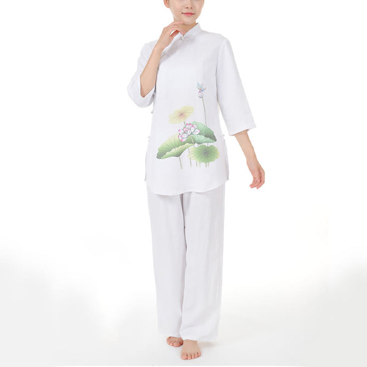 Buddha Stones 2Pcs White Lotus Flower Leaf Half Sleeve Shirt Top Pants Meditation Zen Tai Chi Linen Clothing Women's Set