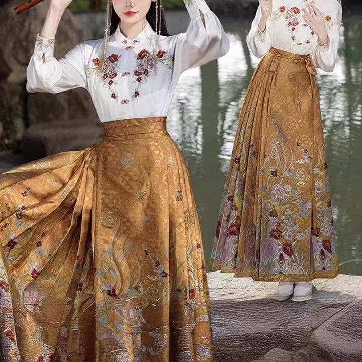 Buddha Stones Golden Flower Phoenix Embroidery Long Sleeve Shirt Top Chinese Hanfu Ming Dynasty Horse Face Skirt Mamianqun Skirt