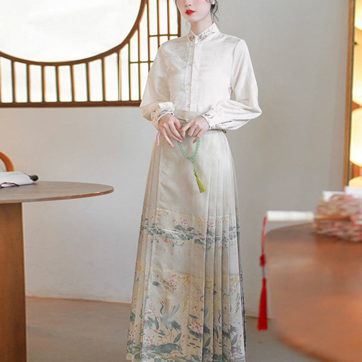 Buddha Stones Long Sleeve Shirt Top Chinese Hanfu Crane Lotus Printed Horse Face Skirt Mamianqun