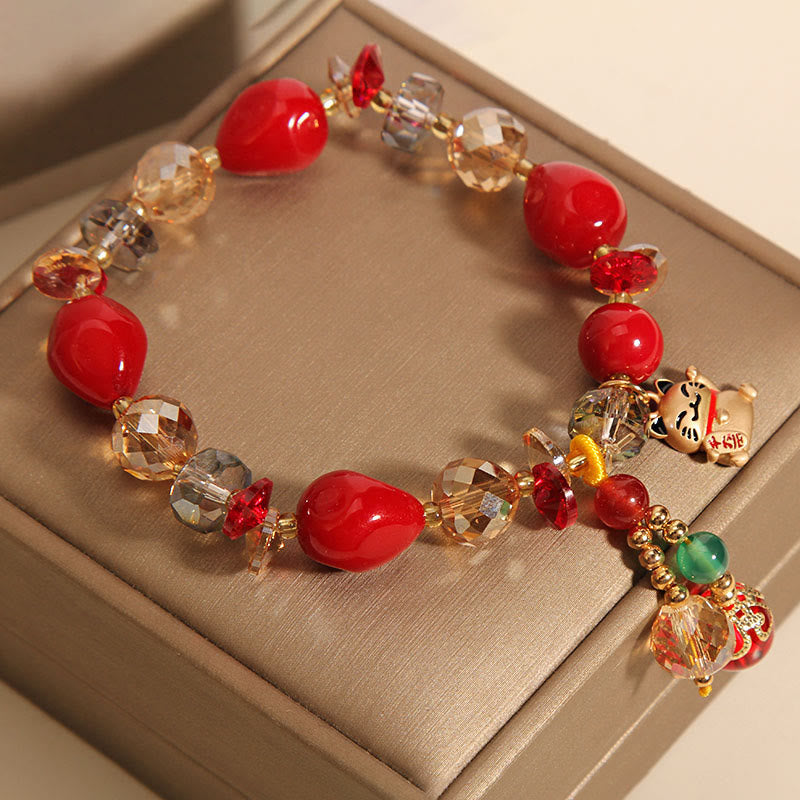 Buddha Stones Red Stone Lucky Cat Rabbit Fu Character Fortune Bracelet