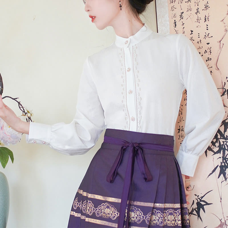 Buddha Stones Long Sleeve Shirt Top Chinese Hanfu Flying Fairy Horse Face Skirt Purple Mamianqun