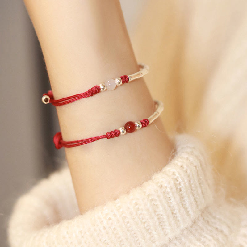Buddha Stones 925 Sterling Silver Bamboo White Agate Red Agate Bead Protection String Braided Bracelet - image 1