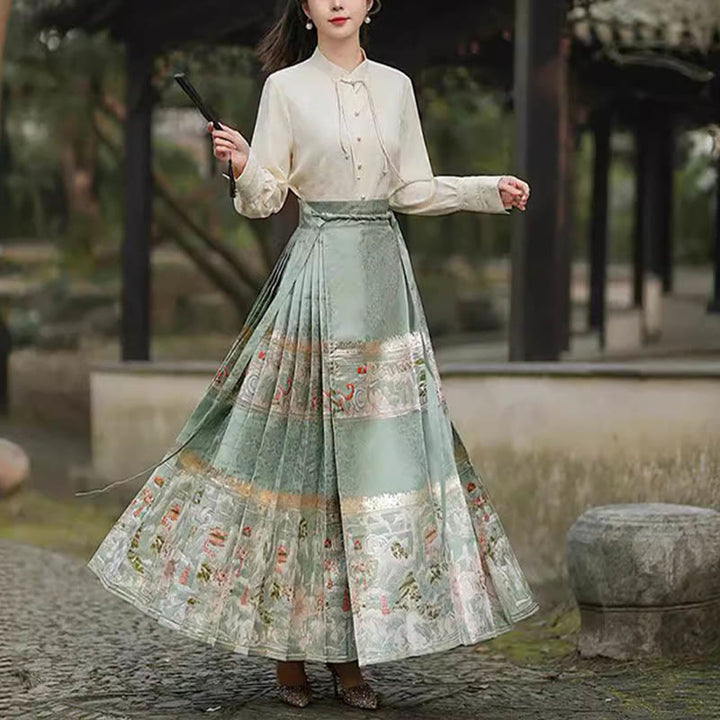 Buddha Stones Chinese Hanfu Green Peach Garden Printed Horse Face Skirt Mamianqun