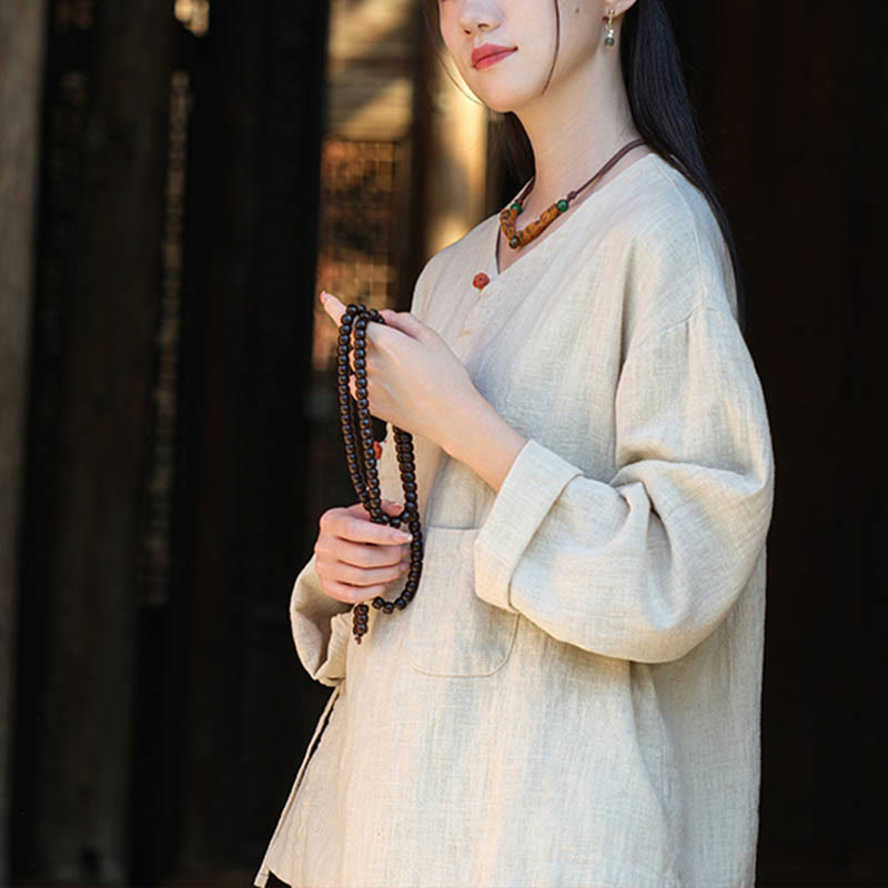 Buddha Stones Solid Color Ramie Linen Loose Blouse Long Sleeve Shirt Chinese Hanfu Top