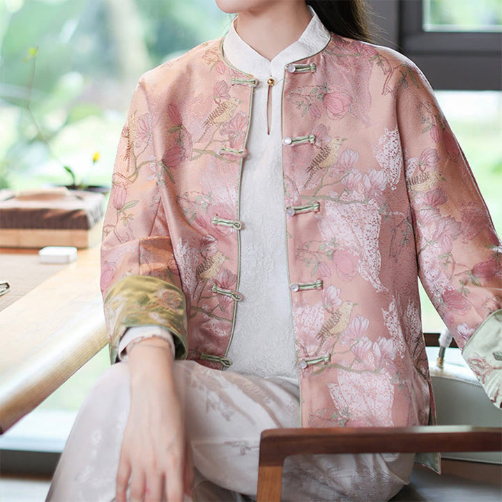 Buddha Stones Flower Embroidery Frog-Button Tang Suit Design Open Front Jacket