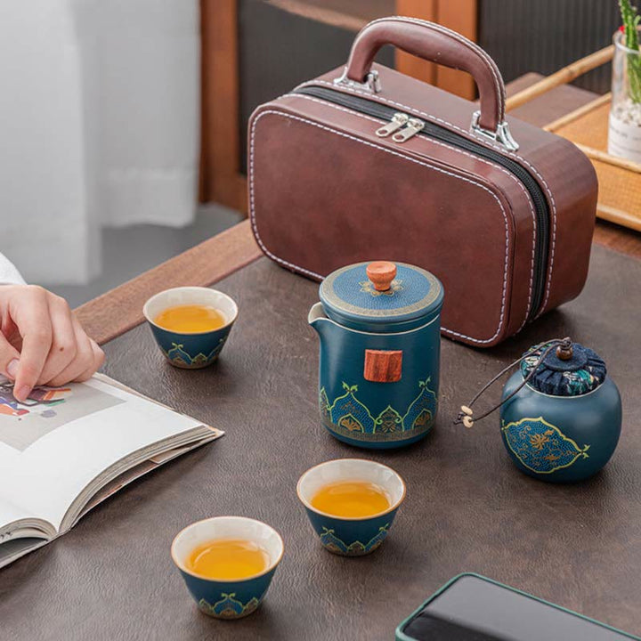 Flower Chinese Gongfu Ceramic Teapot Portable Outdoor Travel Tea Set Bag