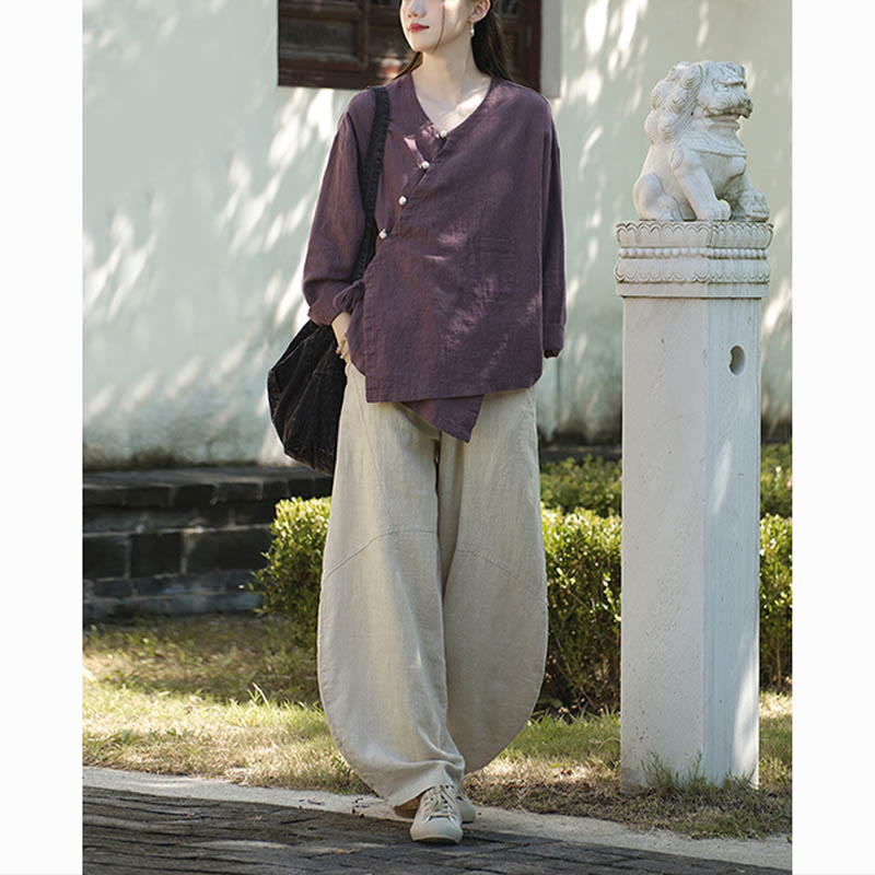 Buddha Stones Solid Color Ramie Linen Loose Blouse Long Sleeve Shirt Chinese Hanfu Top