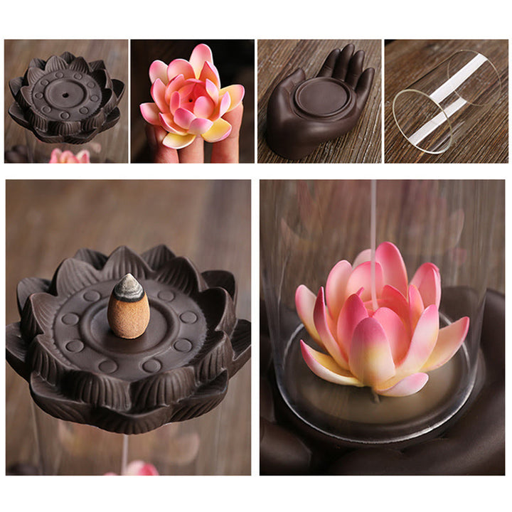 Buddha Stones Buddha Hand Lotus Enlightenment LED Light Purple Clay Ceramic Incense Burner Decoration - image 6