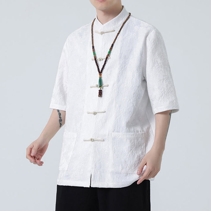 Buddha Stones Solid Color Jacquard Frog-button Chinese Half Sleeve Shirt Men T-shirt