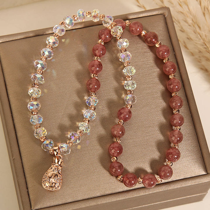 Buddha Stones Strawberry Quartz White Crystal Money Bag Charm Positive Bracelet