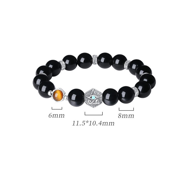 Buddha Stones 925 Sterling Silver Black Obsidian Tiger Eye Eye of Providence Purification Bracelet - image 12