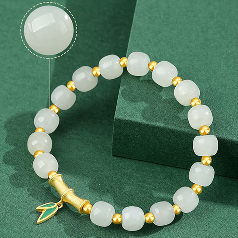 Buddha Stones 925 Sterling Silver Hetian White Jade Bamboo Luck Bracelet - image 5