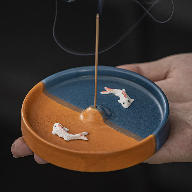 Buddha Stones Koi Fish Pattern Spiritual Healing Ceramic Incense Stick Burner Decoration - Blue Orange Koi Fish - image 0