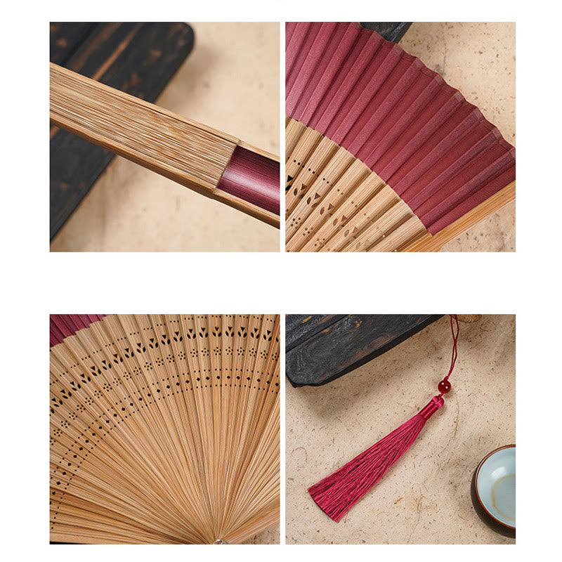 Buddha Stones Solid Color Gradient Hollow Engraved Handheld Bamboo Folding Fan