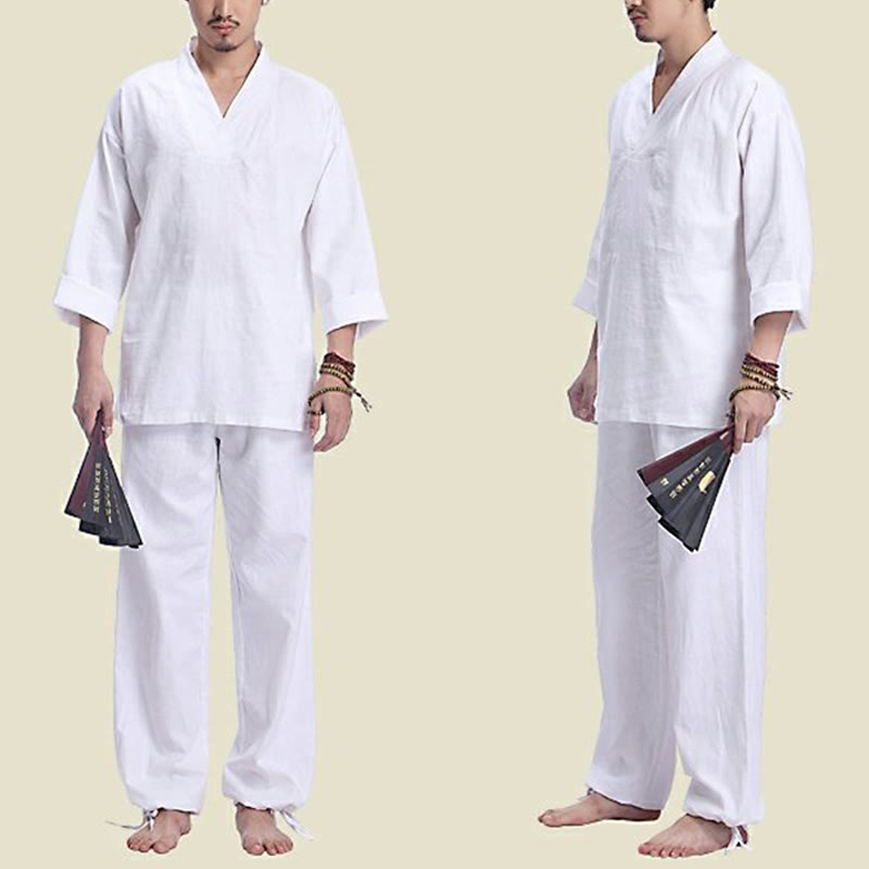 Buddha Stones Meditation Prayer V-neck Design Cotton Linen Spiritual Zen Practice Yoga Clothing Men's Set - image 15